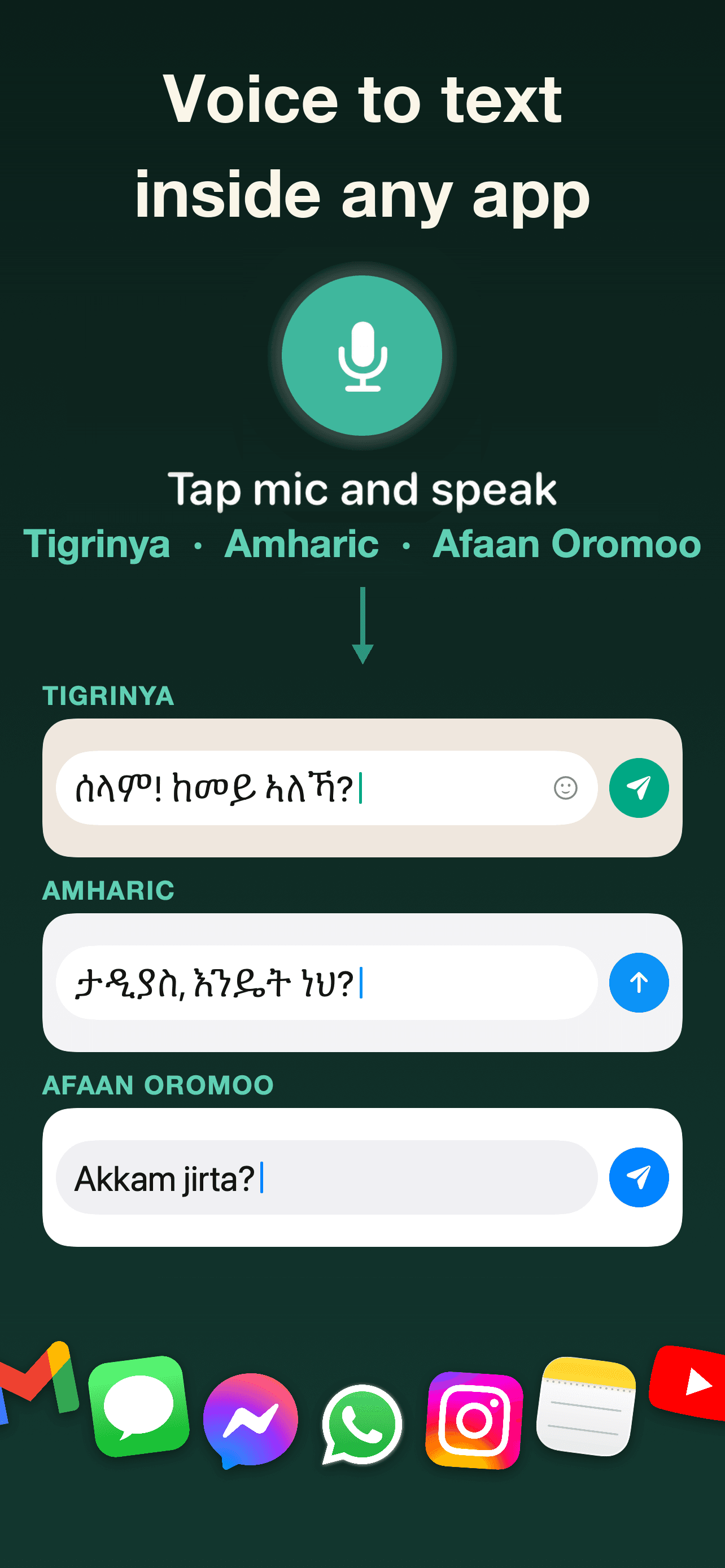 Voice to text inside any app, in Tigrinya, Amharic and Afaan Oromoo